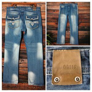 GS115 Jeans Mens 38X33 Blake Slim Distressed Y2K Bleach Spots Embroidered Blue